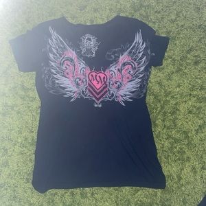Affliction Black and Pink Womens V Neck Tshirt